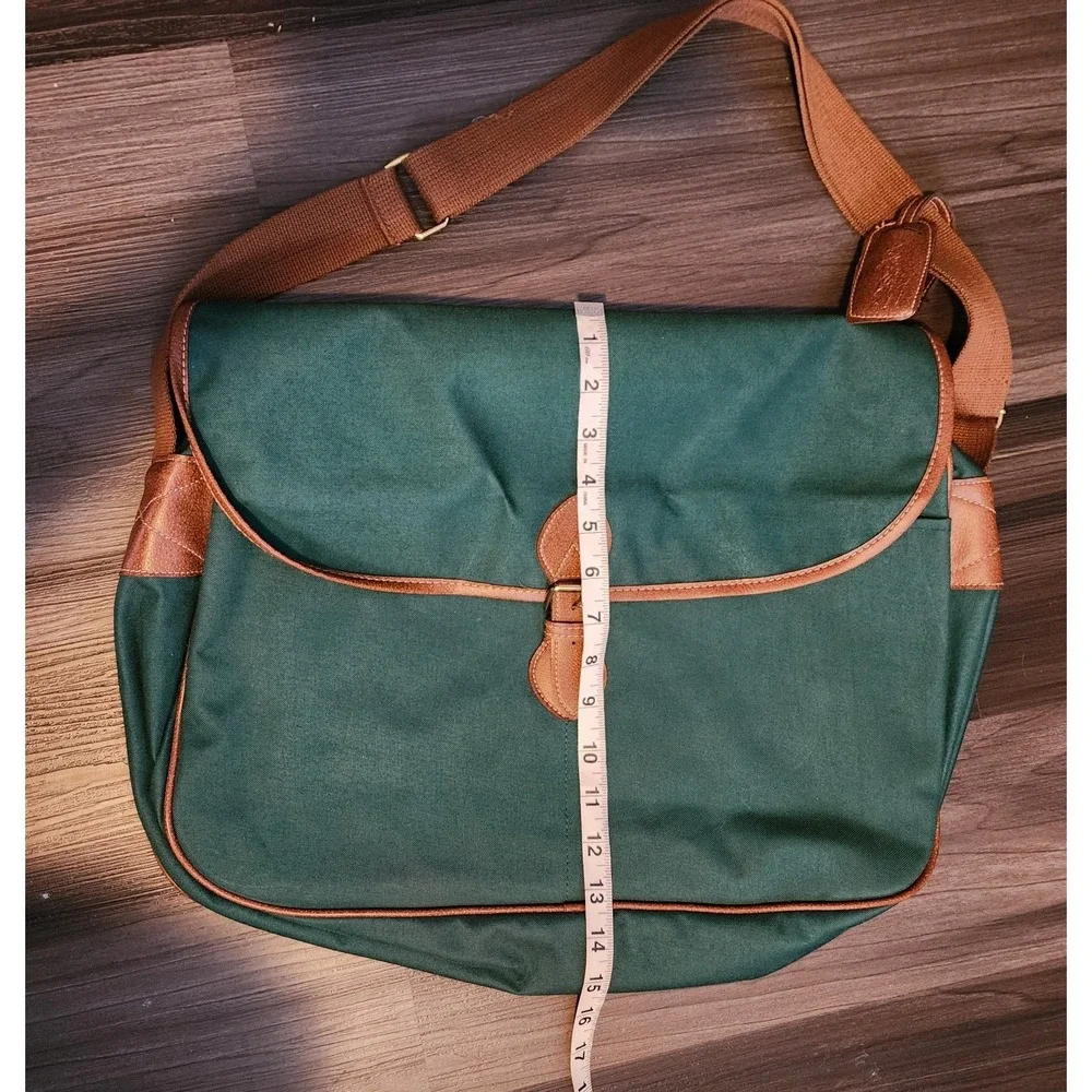 Polo Ralph Lauren VTG Green Messenger Bag Brown Leather Trim Shoulder Laptop Bag